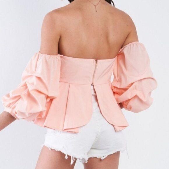 Off Shoulder Sweet Heart Neck Blush Peplum Top - Picture 4 of 4